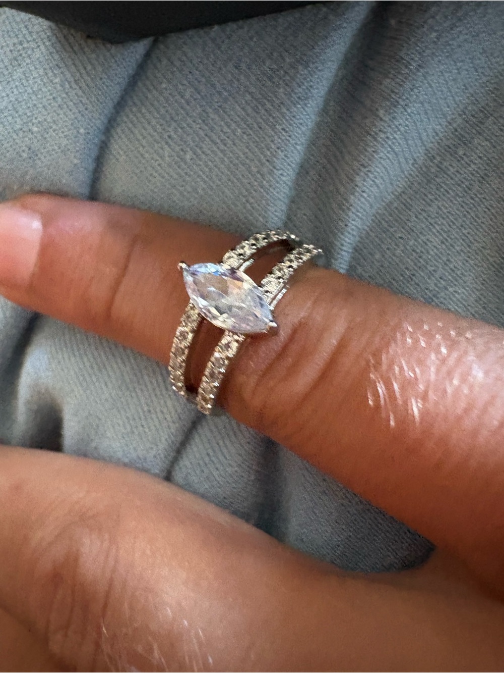 Silver engagement ring pear shaped crystal